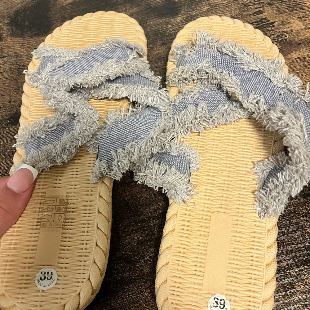 Beige and Gray Frayed Slide Sandals